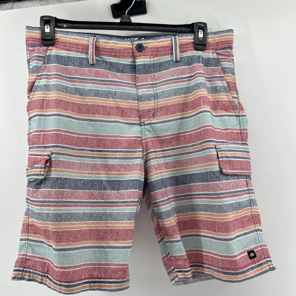 MICROS Shorts Men's 34 Multicolored Stripes Flat Front Lightweight Small Hole